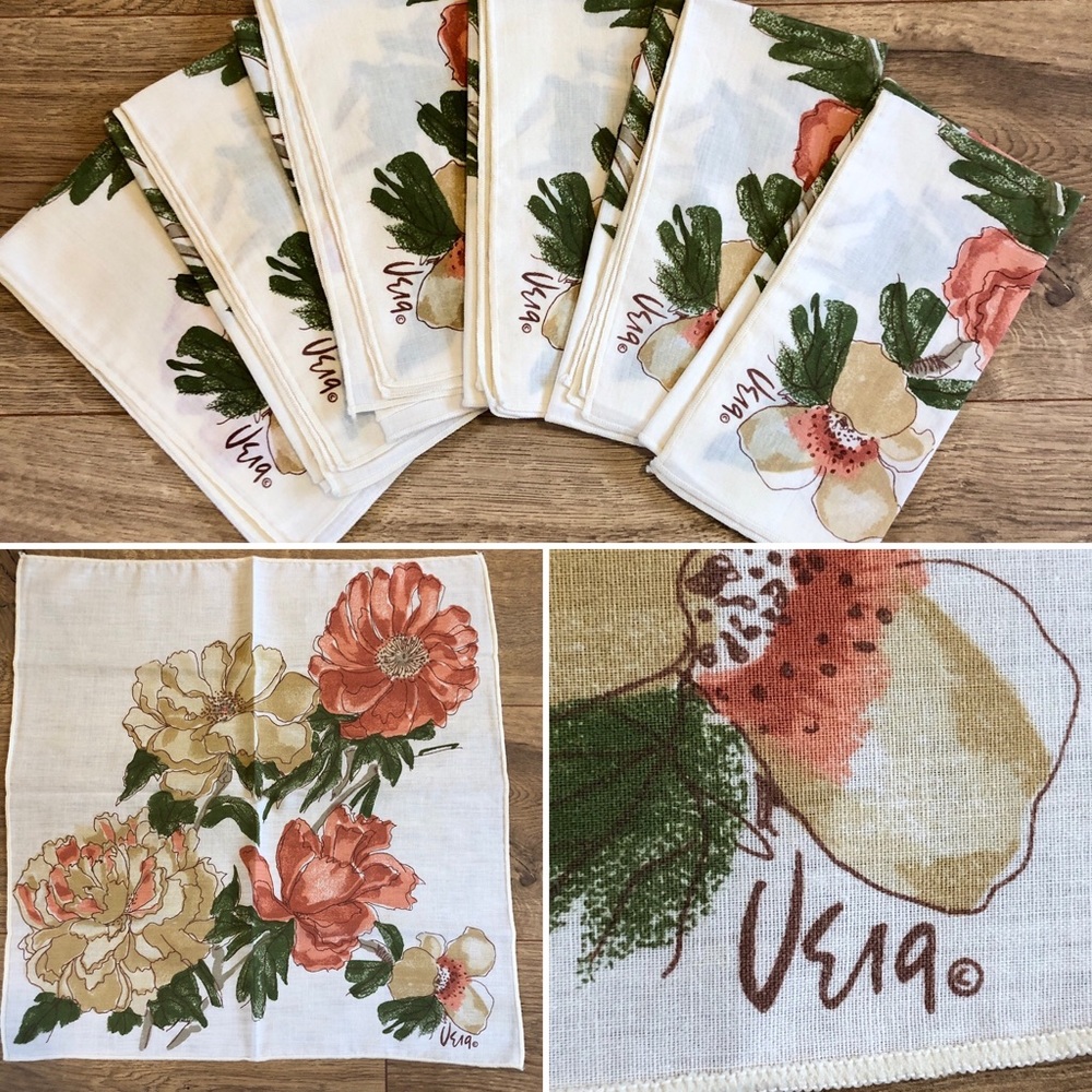 Vintage Vera Neumann Set 6 Cloth Napkins Flowers green leaves approx 16” square